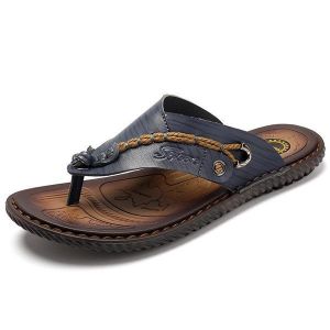 נעלולי פלא נעלי גברים Summer Men Leather Sandals Flip Flops Soft Sole Slippers Beach Shoes