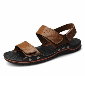נעלולי פלא נעלי גברים Large Size Men Comfy Breathable Genuine Leather Hook Loop Sandals Shoes