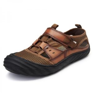 נעלולי פלא נעלי גברים Men Breathable Hook Loop Leather Sandals Hollow Out Beach Shoes
