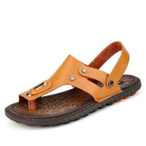 נעלולי פלא נעלי גברים Men Clip Toe Genuine Leather Casual Beach Sandals