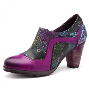 נעלולי פלא נעלי נשים SOCOFY Retro Splicing Pattern Zipper Pumps Leather Ankle Boots