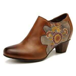 נעלולי פלא נעלי נשים SOCOFY Women Hand Painted Flowers Stitching Genuine Leather Zipper Pumps