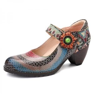נעלולי פלא נעלי נשים SOCOFY Splicing Pattern Hook Loop Genuine Leather Pumps