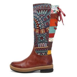 נעלולי פלא נעלי נשים SOCOFY Embroidery Shoe Splicing Pattern Flat Leather Knee Boots