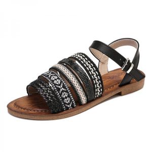 נעלולי פלא נעלי נשים Lostisy Women Casual Bohemia Weave Stitching Buckle Flat Sandals