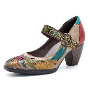 נעלולי פלא נעלי נשים SOCOFY Printing Pattern Mid Heel Buckle Ankle Leather Pumps