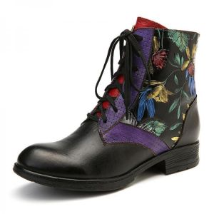 נעלולי פלא נעלי נשים Socofy Women Watercolor Painting Genuine Leather Lace Up Zipper Ankle Boots