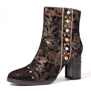 נעלולי פלא נעלי נשים SOCOFY Stitching Splicing Chunky Heel Zipper Ankle Leather Boots