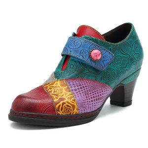 נעלולי פלא נעלי נשים SOCOFY Splicing Pattern Retro Shoe Button Hook Loop Pumps