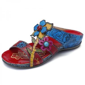 נעלולי פלא נעלי נשים SOCOFY Genuine Leather Handmade Stitching Floral Wedge Sandals