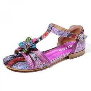 נעלולי פלא נעלי נשים SOCOFY Handmade Floral Genuine Leather Buckle Strap Flat Sandals