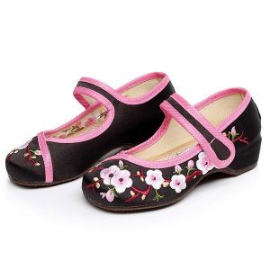 Girls Mary Janes Chinese Embroidery Flowers Silk Shoes Peach Blossom Flat Loafers Casual Footwear