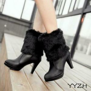 Women Winter Warm Lined High Heels Faux Fur Trim Ankle Boots Bow Knot Snow Shoes
