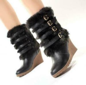 women faux fur Warm Boots Wedge Heel Buckles Mid Calf boots snow Boots
