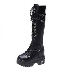 Punk Knee High Boots Women Platform Wedge High Heel Lace Up Buckle Oxfords Goth