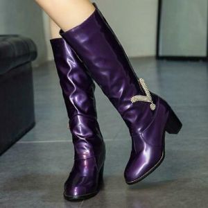Women&#039;s Patent Leather shoes  Rhinestone Decor block Heels Knee High Boots