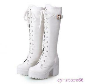 Womens punk block Heels Lace Up knee High knight Platform Boots shoes #3