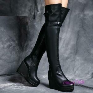 נעלולי פלא מגפיים Women Real Leather Zip Platform Wedge Heels Over Knee High Boots Buckle Shoes Sz