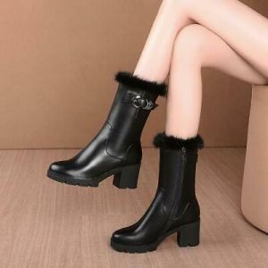 נעלולי פלא מגפיים Fashion Women&#039;s Round Toe Block Heels Warm fur Ankle Boots Shoes a595