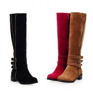 נעלולי פלא מגפיים Womens Low Heel faux Suede buckle strap casual Knee high Boots Plus Size