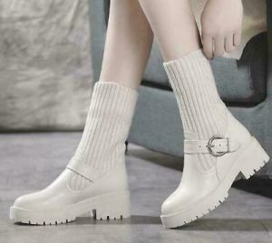 נעלולי פלא מגפיים Womens Med Block Heels Knitted Socks boots  Mid Calf Riding Boots  Shoes