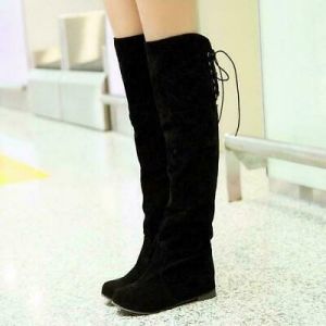 נעלולי פלא מגפיים Women&#039;s Over Knee High Boots Lace Up Faux Suede Casual Hidden Heel Shoes
