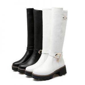 נעלולי פלא מגפיים Chic Women Round Toe Low Heel Buckle Motorcycle Combat Knee High Platform Boots