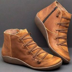 Women&#039;s Lace Up Ankle Boots Leather Flat Heel Booties Casual Zip Shoes Plus Size