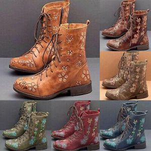נעלולי פלא מגפיים Women Retro Floral Ankle Boots Lace Up Chunky Low Heel Combat Boots Shoes Size