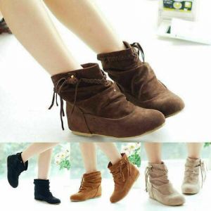 Women Autumn Ankle Boot Cool Boots PU Leather Mid Heels Boot Lace Up Round Toe
