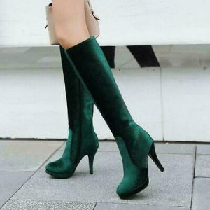 Womens High Stiletto Heel side zipper Platform Round Toe Party Knee High Boots