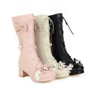 Cute Women Lolita Round Toe Bowknot Sweet Shoes Mid Calf Boots Shoes Plus sz_
