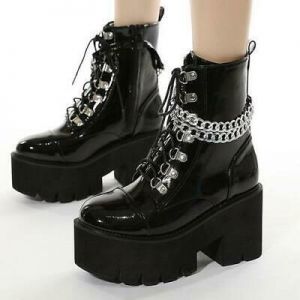New Women Round Toe Platform Block Heels Chain decor Ankle Boots Shoes Size FOWN