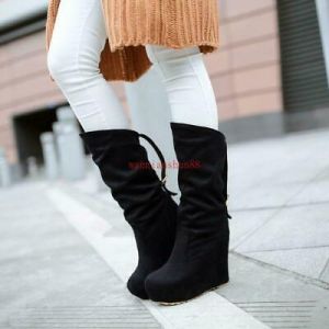 Stylish Ladies High wedge Heels Platform mid calf pull on Boots Round Toe Shoes