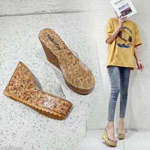 Fashion Women Casual Wedges Thick Bottom Round Toe Shoes Transparent Slippers