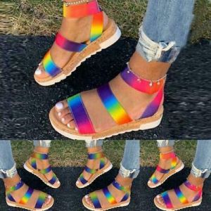 Women Rainbow Printed Shoes Ankle Strap Sandals Platform Wedges Shoes U4G7
