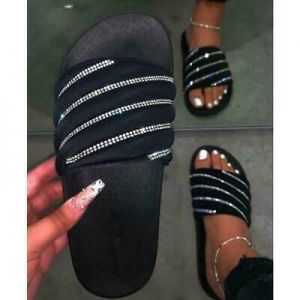Women Summer Stylish Rainbow Oblique Diamond Slippers Travel Flat Outdoor G4E1
