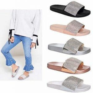 נעלולי פלא נעלי בית וסנדלים Womens Ladies Slip On Sparkly Diamante Bling Sliders Black Silver Summer Sandals