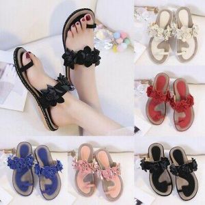 נעלולי פלא נעלי בית וסנדלים Fashion Women Flock Flat Open Toe Breathable Sandals Slip-On Flowers Beach Shoes