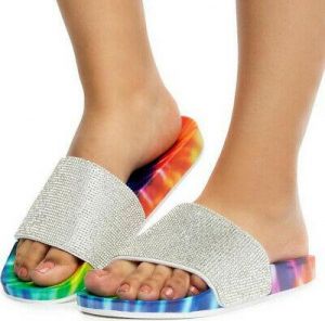 Women Flats Open Toe Sandals Rhinestone Casual Beach Shoes Thick Bottom Slipper
