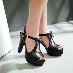 Women&#039;s Bowknot Slingback High Heels T-strap Peep Toe Sandals Platform Shoes