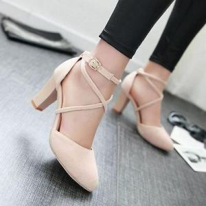 נעלולי פלא נעלי עקב Women Faux Suede Cross Buckle Strap Thick Heels Mary Jane Roma Shoes Court Pumps