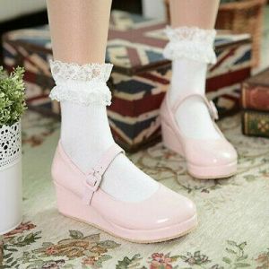 נעלולי פלא נעלי עקב 34-47 Damen Mary Jane Lolita Keilabsätze Faux Lackleder Platform Schnalle Schuhe