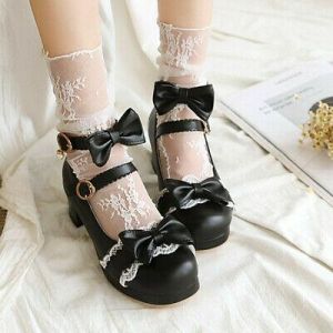 נעלולי פלא נעלי עקב Women's Girls Lolita Sweet Bow Tie Ankle Strap Mary Janes Court Cosplay Shoes B