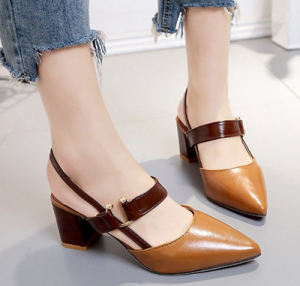 נעלולי פלא נעלי עקב Sexy Women Buckle Pointy Toe Chunky Heels Slingback Sandal Mary Janes Pumps Shoe