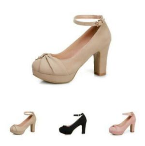 נעלולי פלא נעלי עקב Lolita Pumps 34/43 Damenschuhe Rund Knöchelriemen Blockabsatz Plateau Schleife B