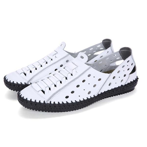 נעלולי פלא נעלי גברים Men Genuine Leather Breathable Hollow out Beach Sandals Flats