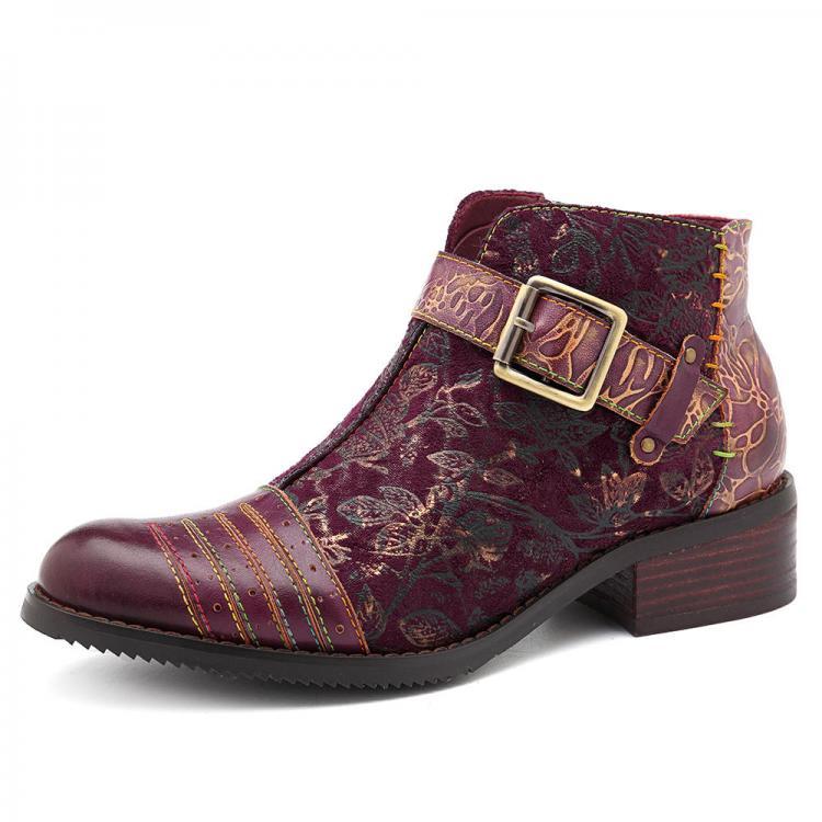 נעלולי פלא נעלי נשים SOCOFY Handmade Genuine Leather Embossed Splicing Buckle Zipper Ankle Boots