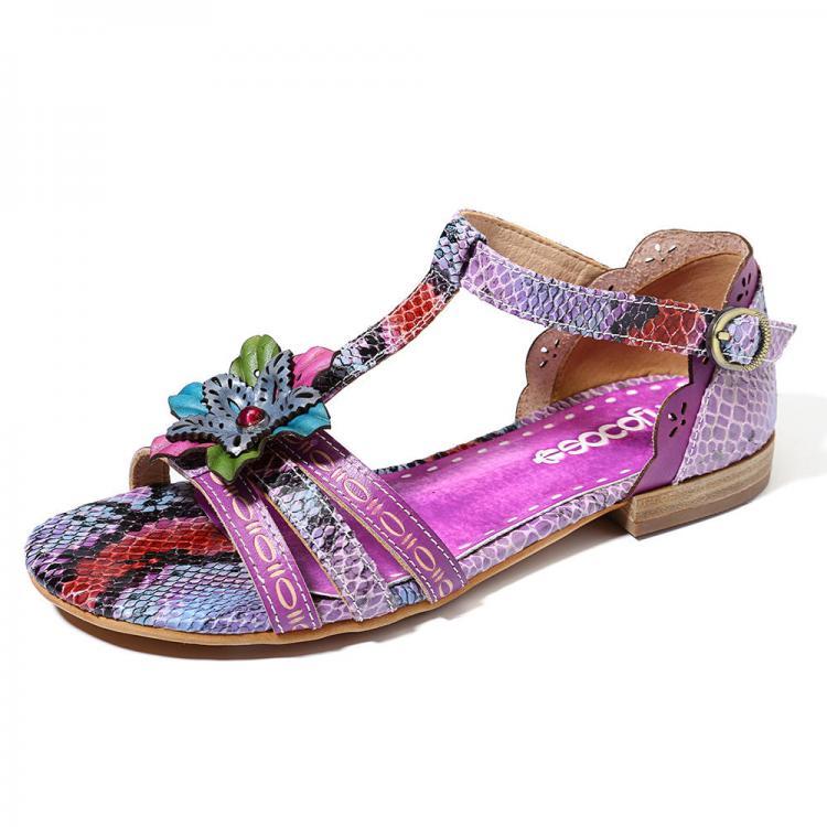 נעלולי פלא נעלי נשים SOCOFY Handmade Floral Genuine Leather Buckle Strap Flat Sandals