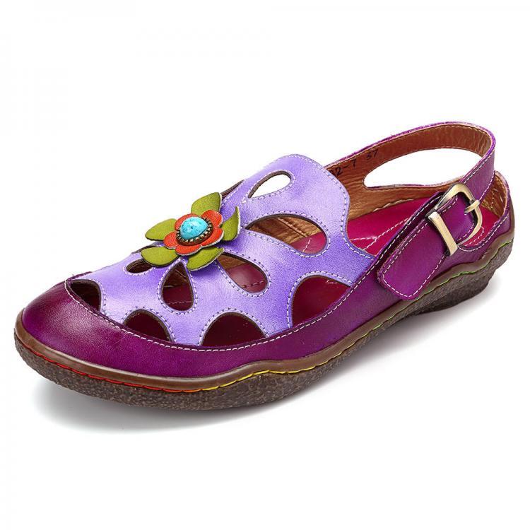 נעלולי פלא נעלי נשים SOCOFY Floral Hollow out Hook Loop Casual Comfy Leather Sandals